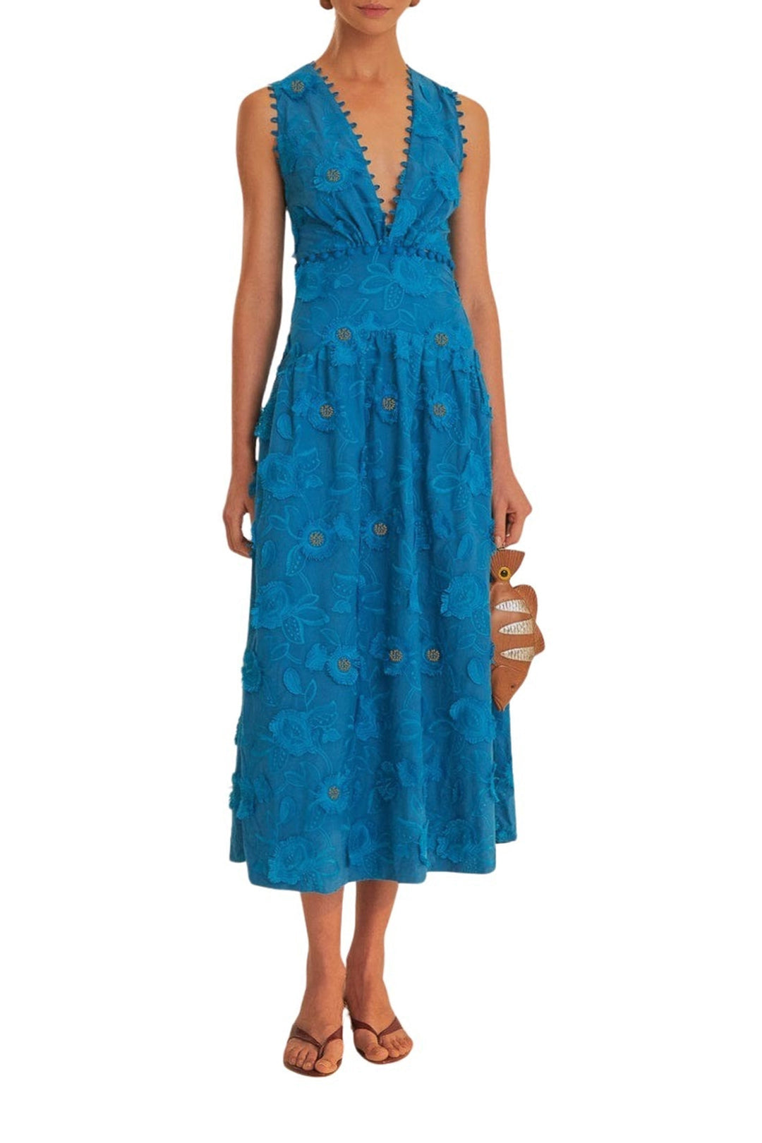 Robe longue à fleurs et décolleté en coton - Bleu