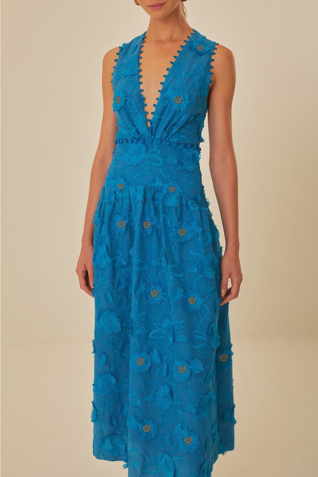 Robe longue à fleurs et décolleté en coton - Bleu