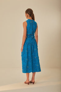 Robe longue à fleurs et décolleté en coton - Bleu