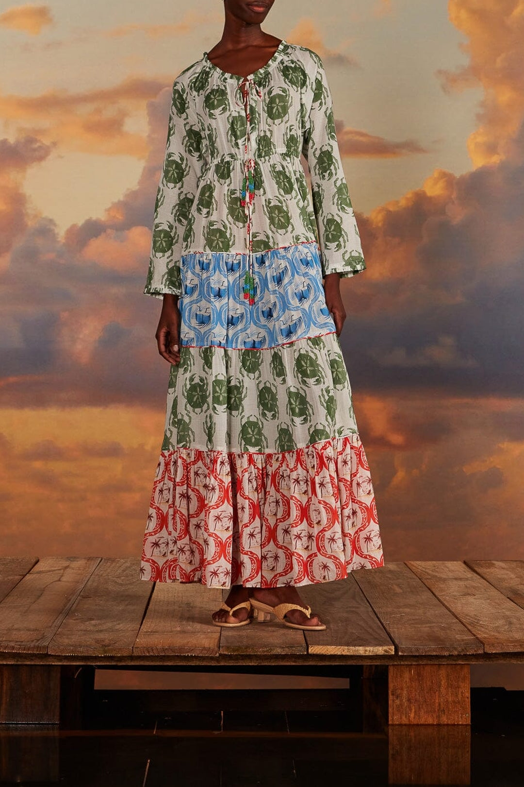 Robe longue à manches longues et imprimé en coton - Multicolore