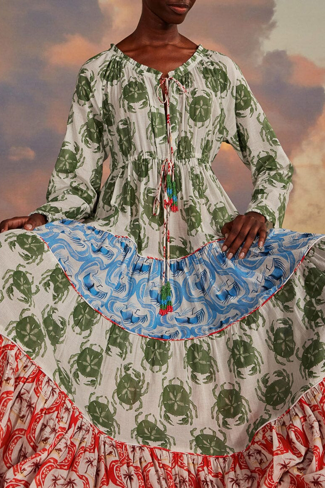Robe longue à manches longues et imprimé en coton - Multicolore
