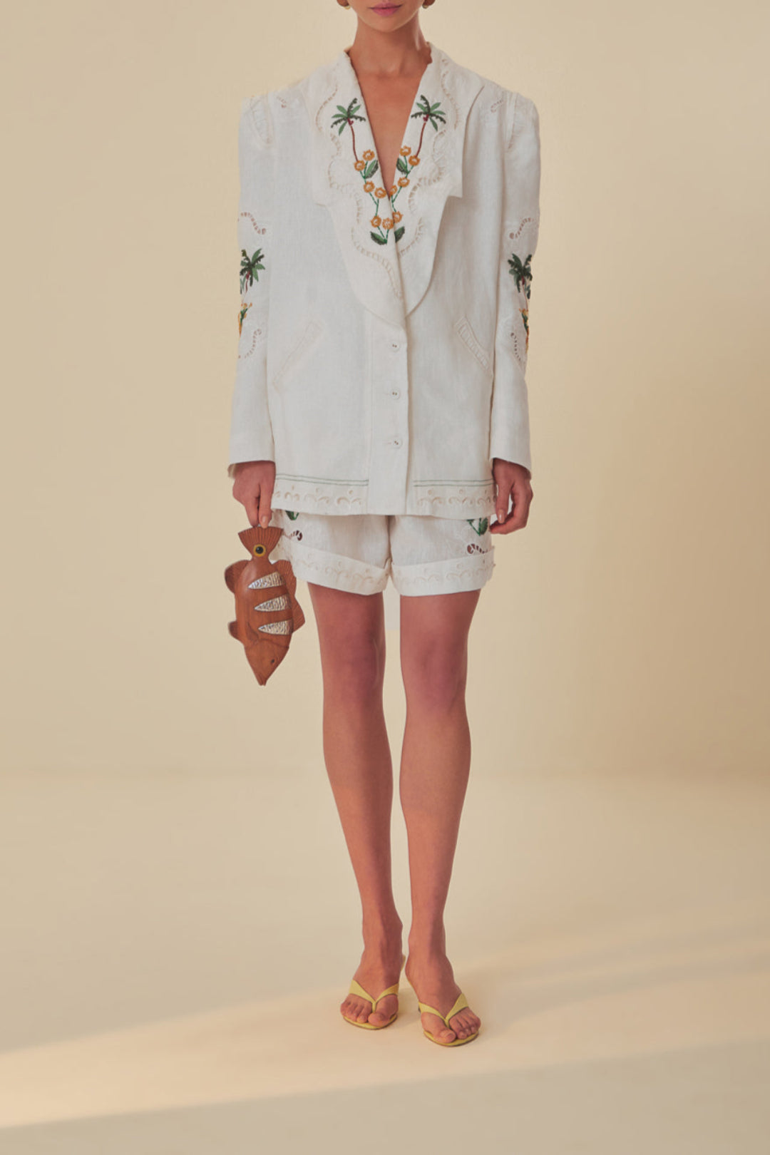 Blazer Coconut Tree brodé en lin - Blanc