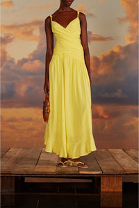 Robe longue à bretelles croisées en lin - Jaune