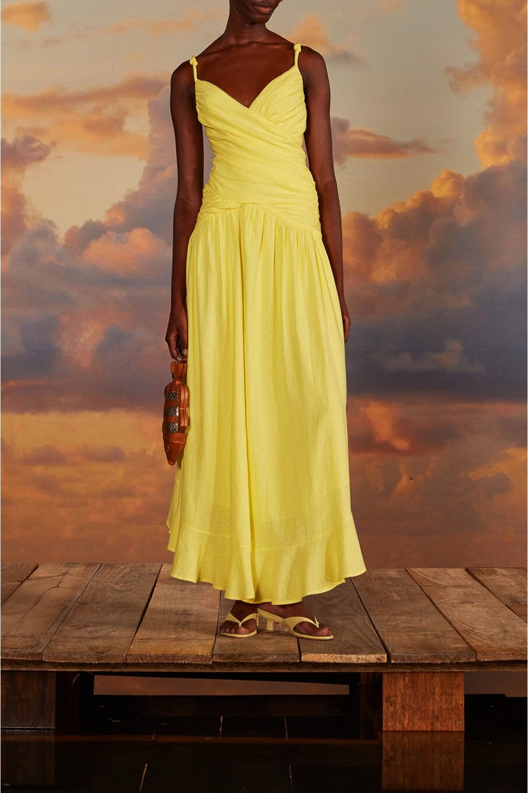 Robe longue à bretelles croisées en lin - Jaune