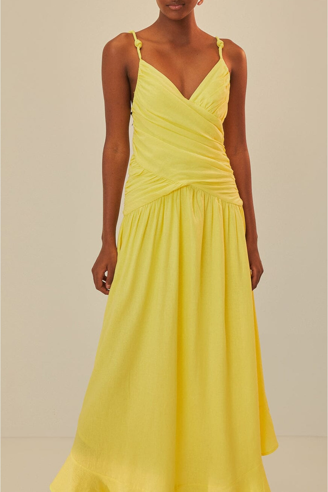 Robe longue à bretelles croisées en lin - Jaune