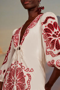 Robe midi Richelieu à encolure en V en coton - Rouge