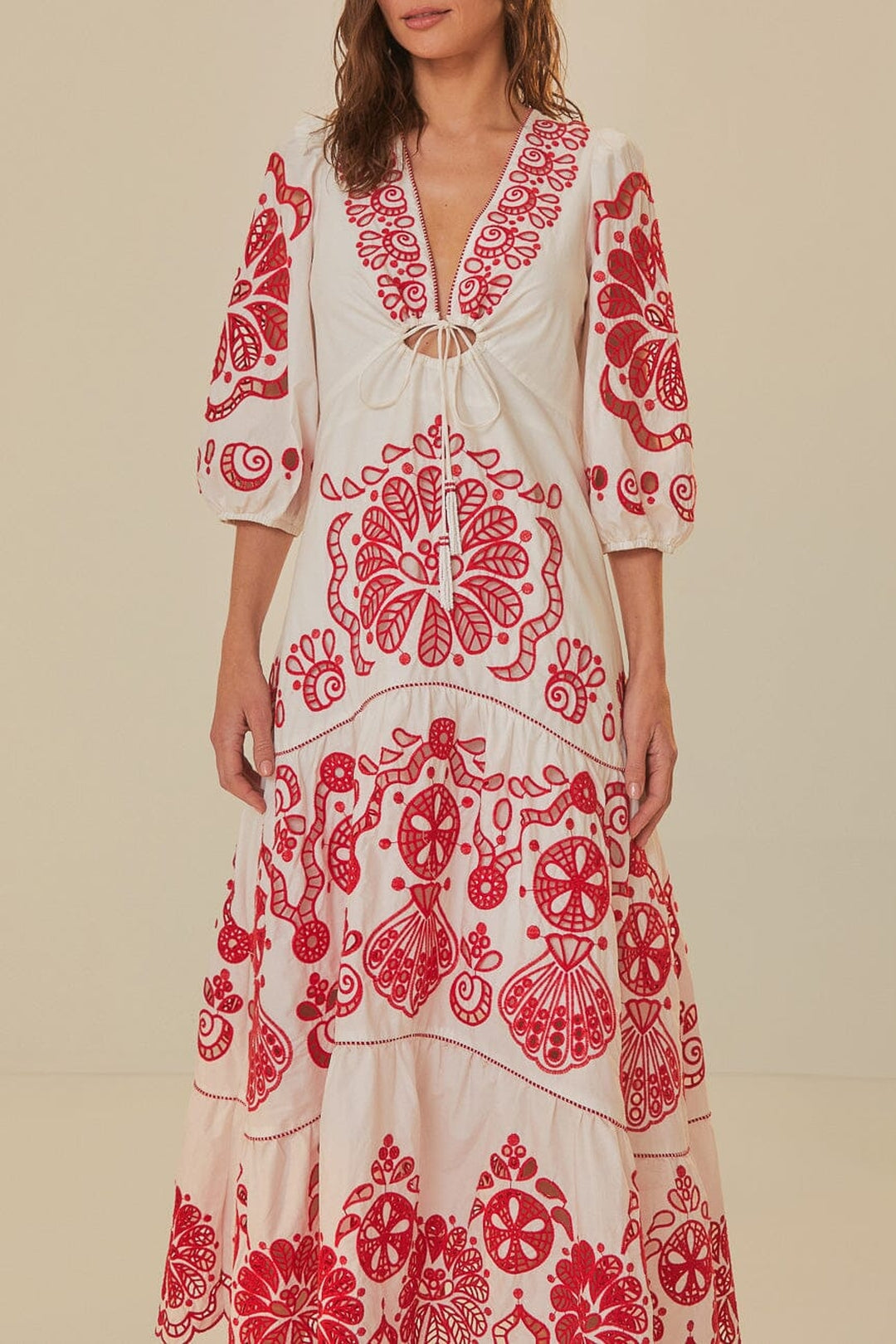 Robe midi Richelieu à encolure en V en coton - Rouge