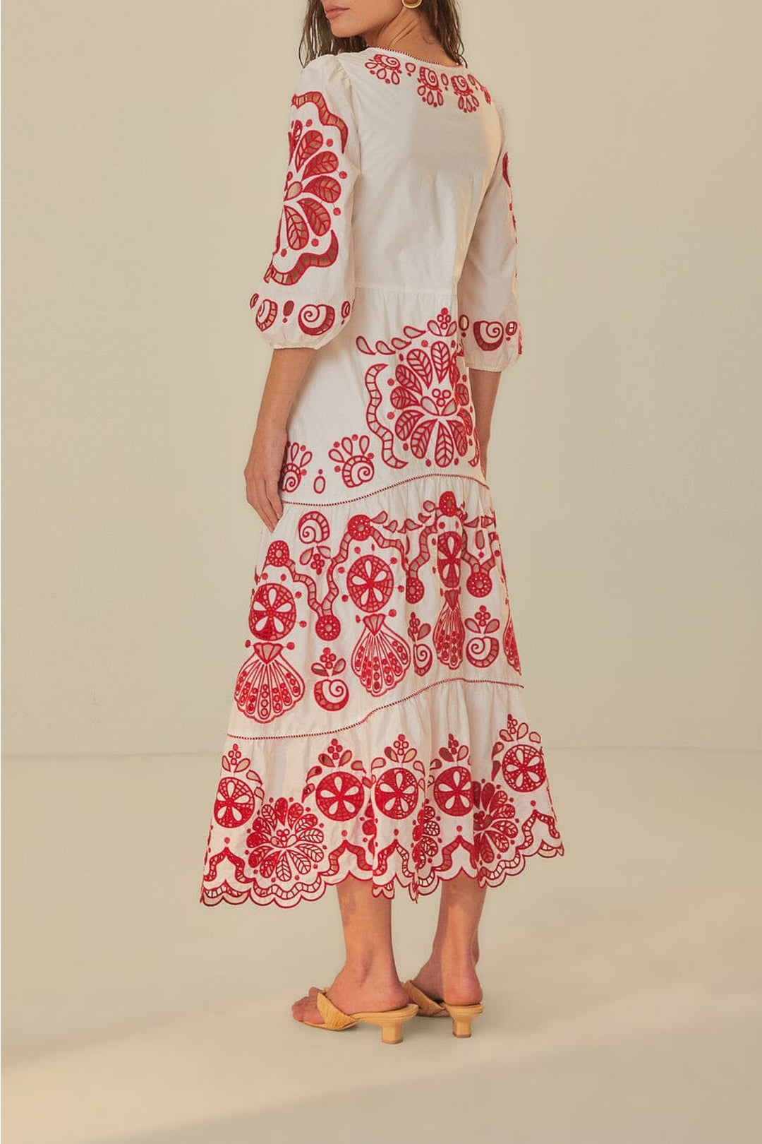 Robe midi Richelieu à encolure en V en coton - Rouge