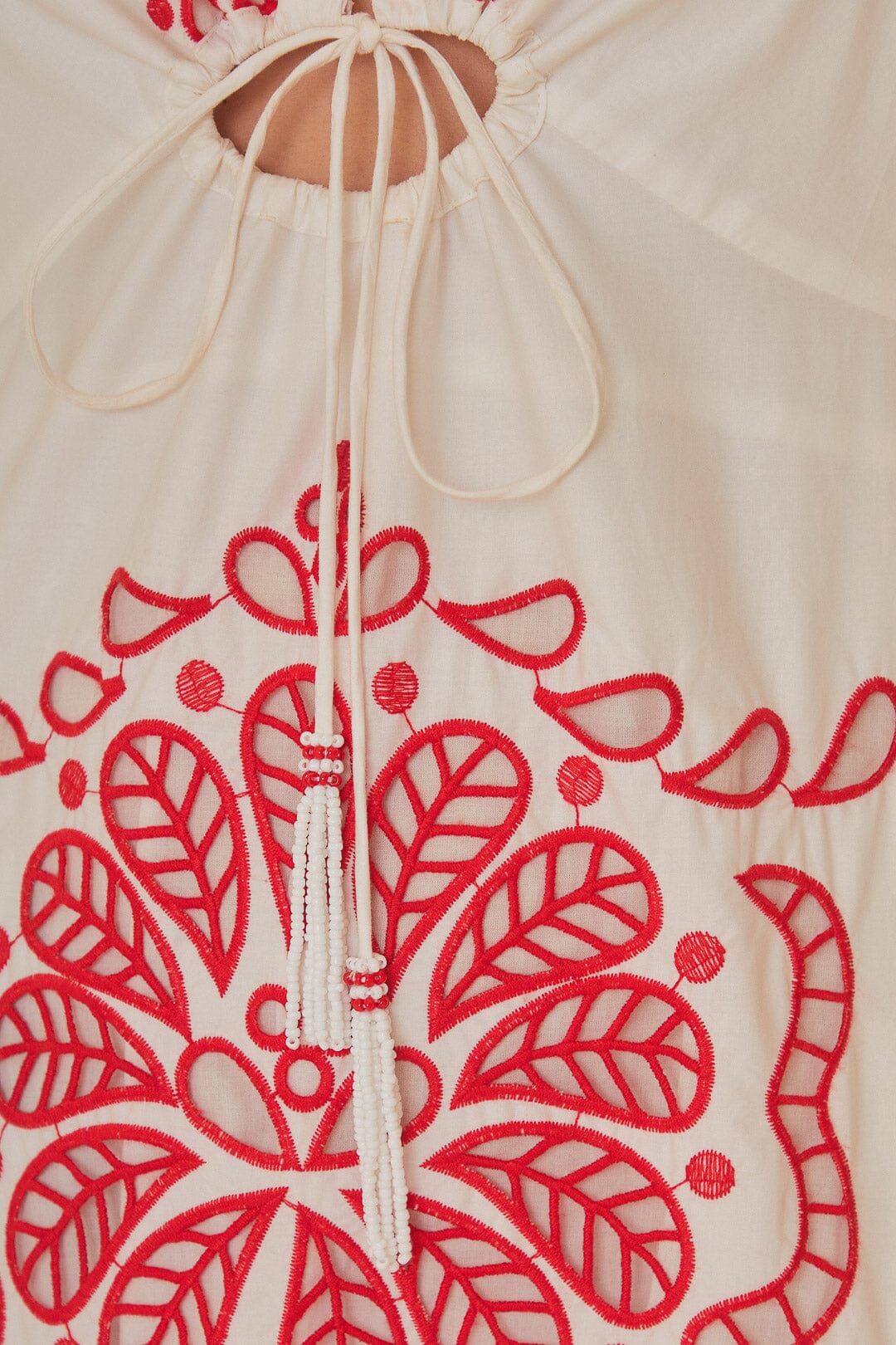 Robe midi Richelieu à encolure en V en coton - Rouge