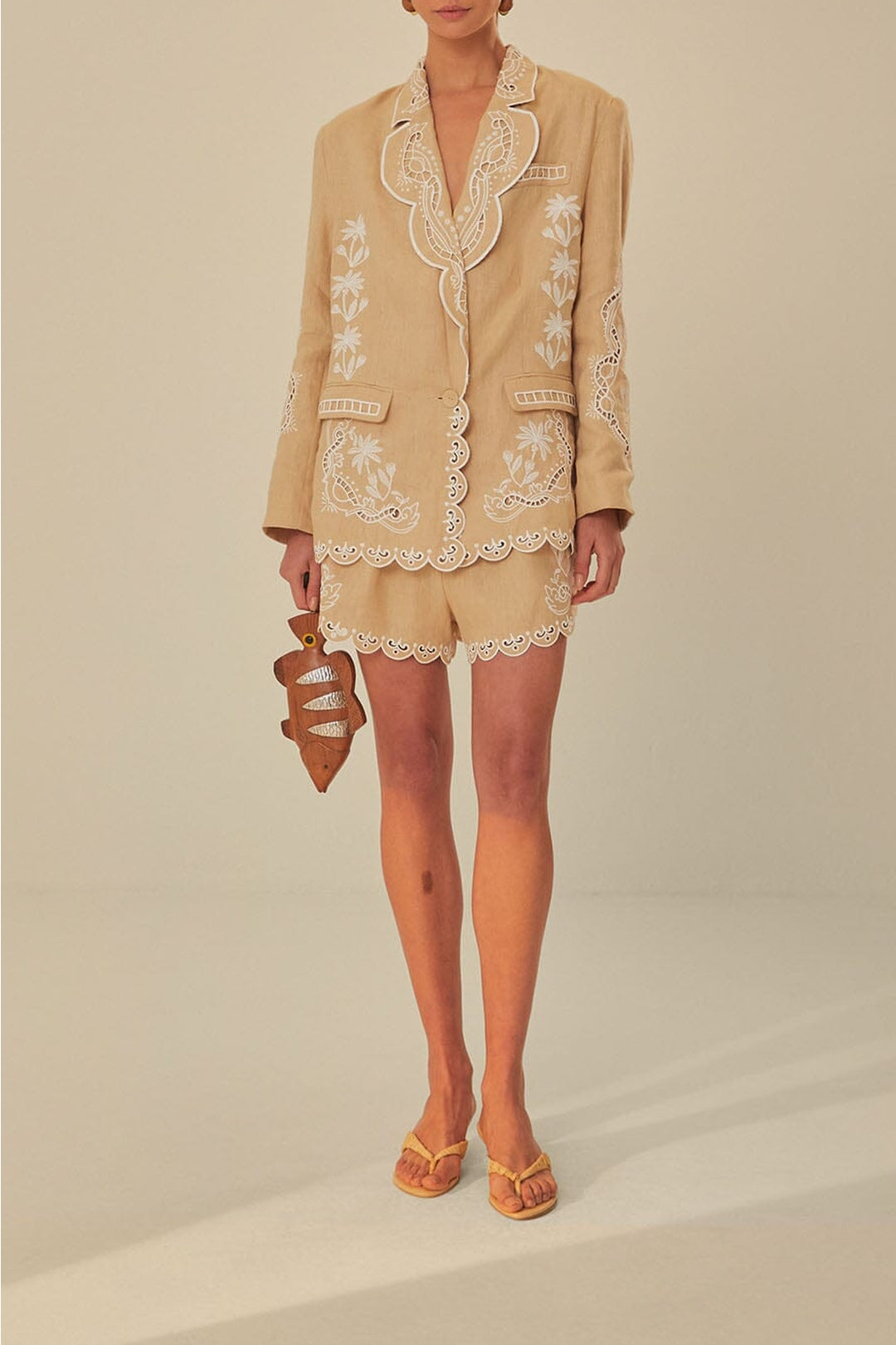 Short brodé en lin - Beige