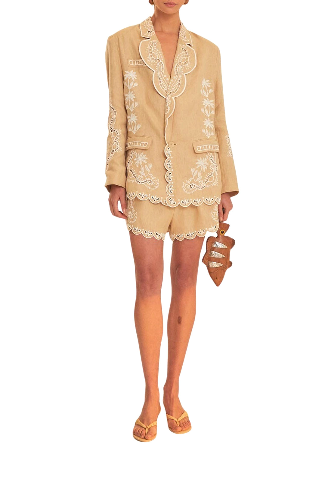 Short brodé en lin - Beige