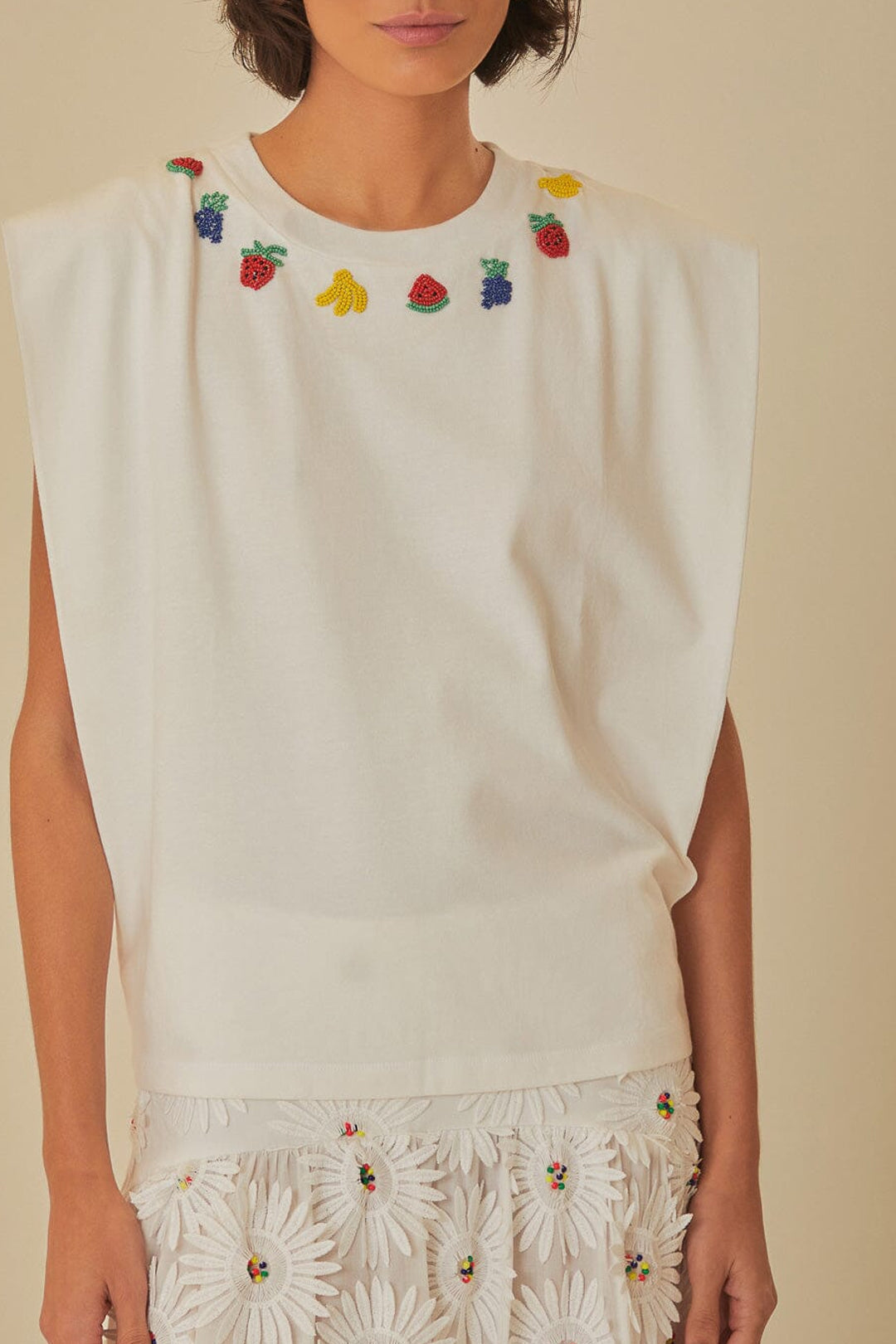 T-shirt Beaded Fruits sans manches en coton - Blanc