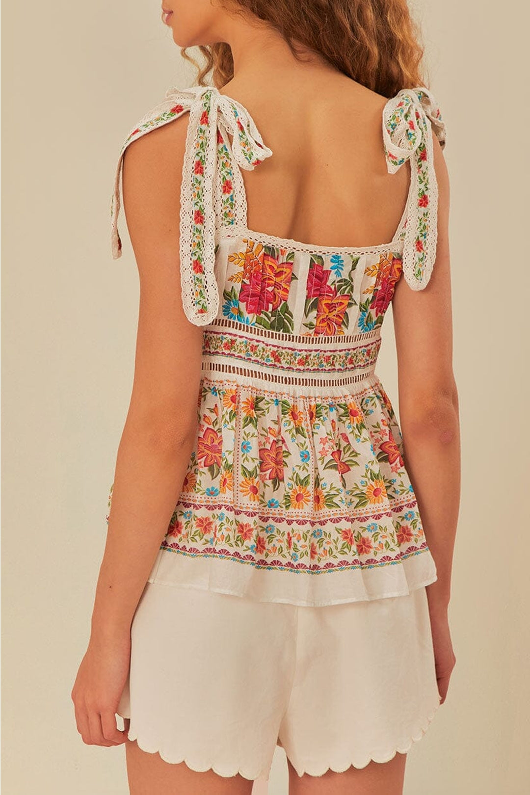 Blouse Jardin de fleurs sans manches en coton - Blanc