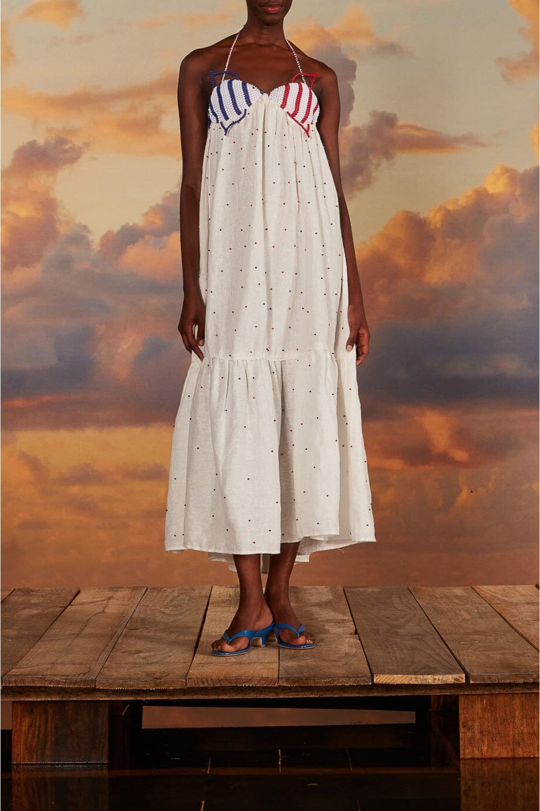 Robe longue Beaded Fishes sans manches en coton - Blanc