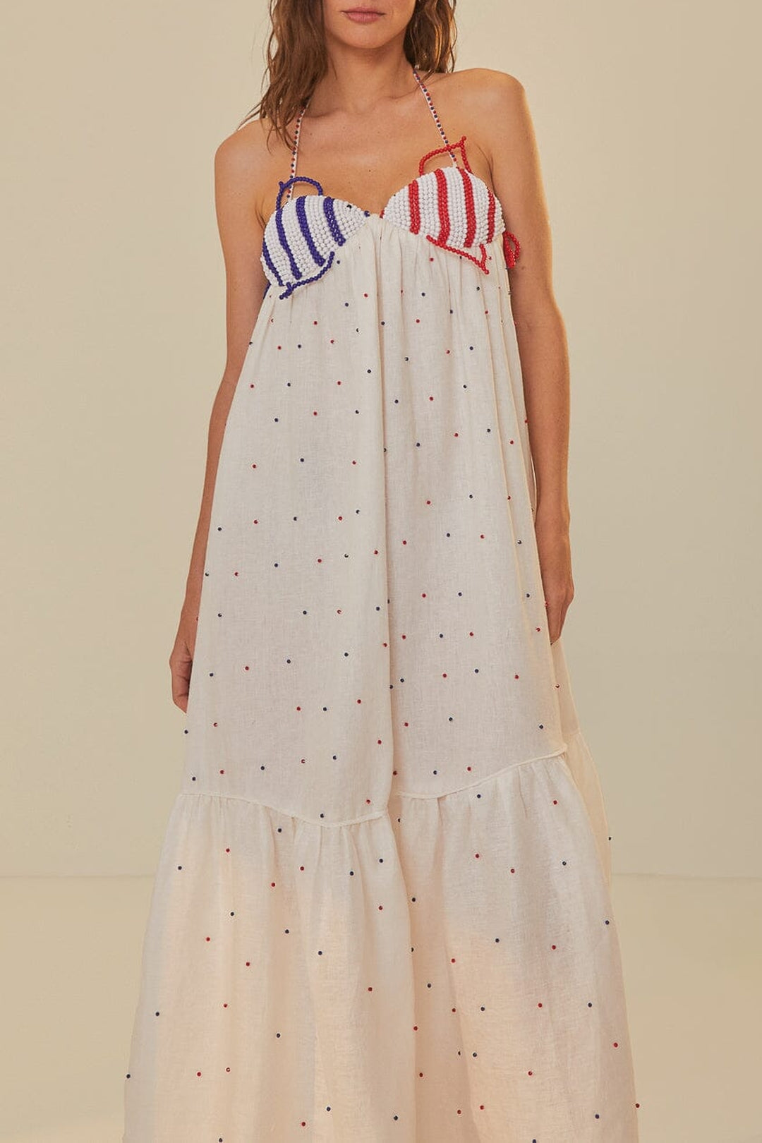 Robe longue Beaded Fishes sans manches en coton - Blanc