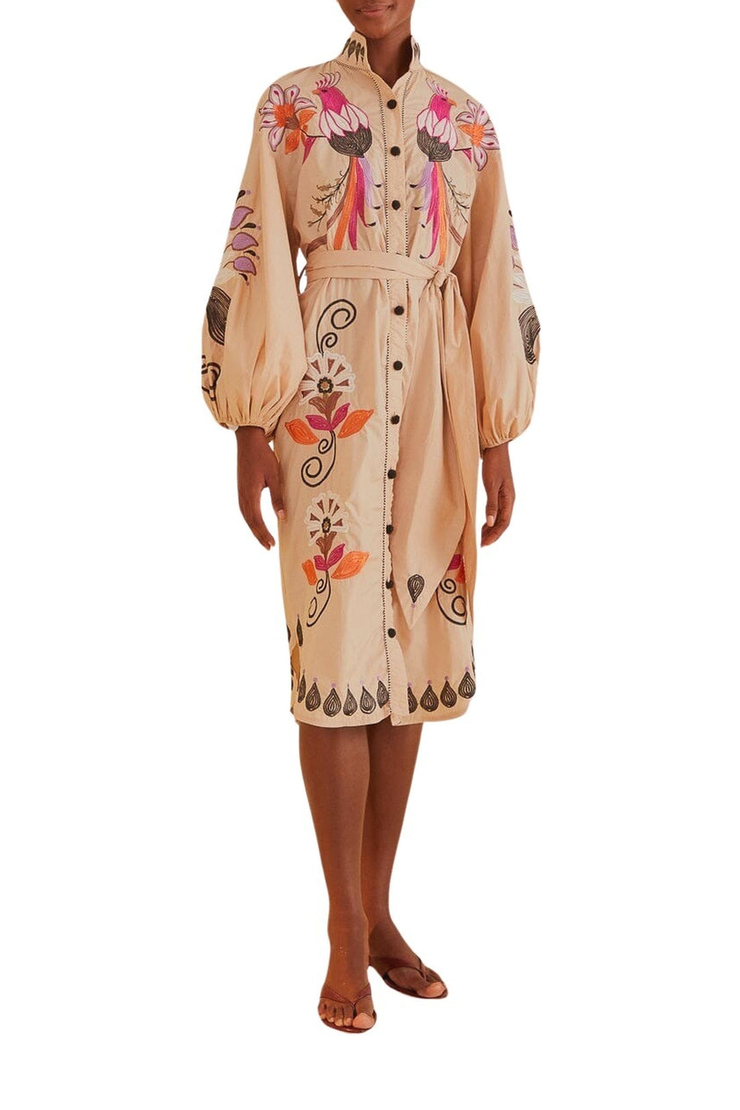 Robe midi Flower Bird brodée en coton - Beige