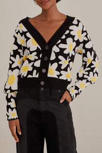 Cardigan motifs fleurs en maille - Noir