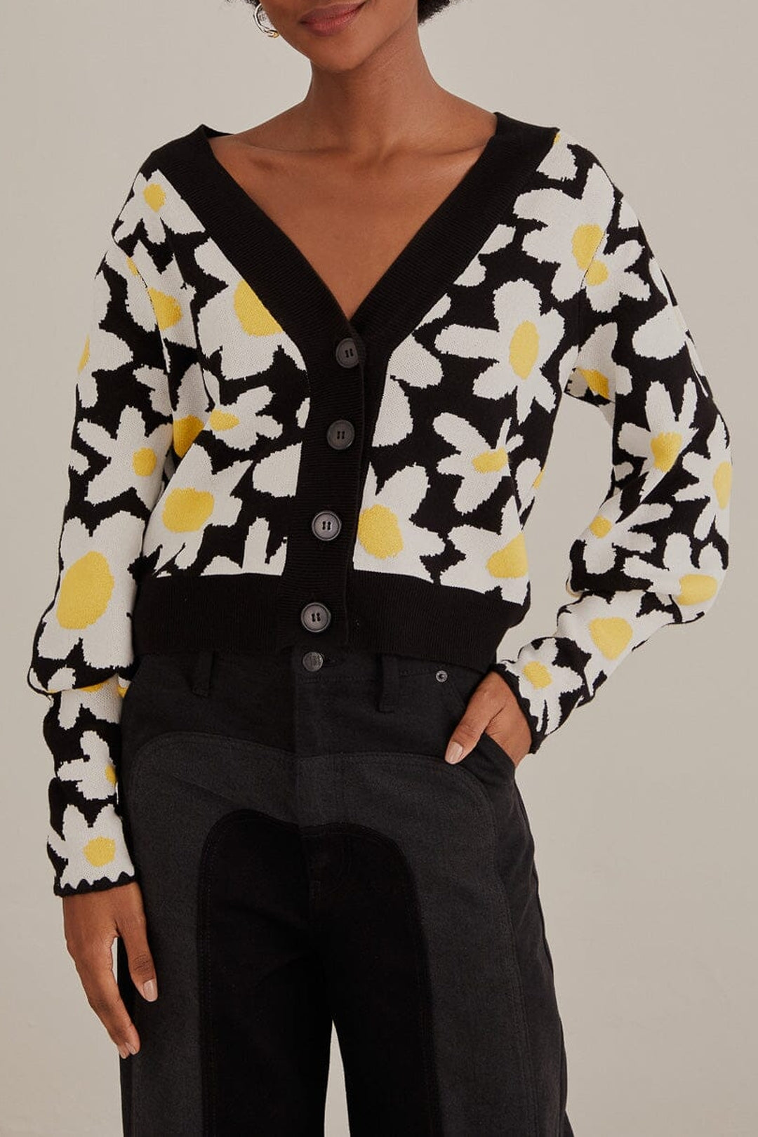 Cardigan motifs fleurs en maille - Noir