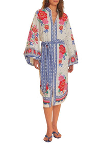 Robe midi Flowers Beach en lin - Blanc