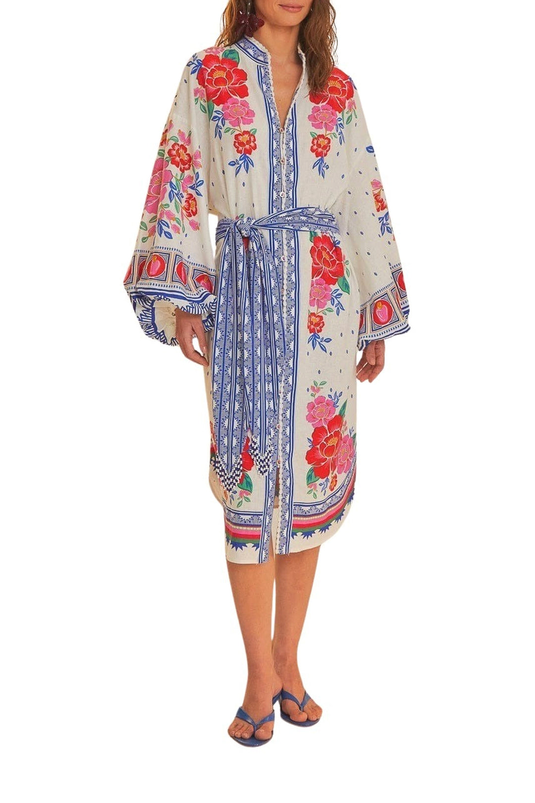 Robe midi Flowers Beach en lin - Blanc