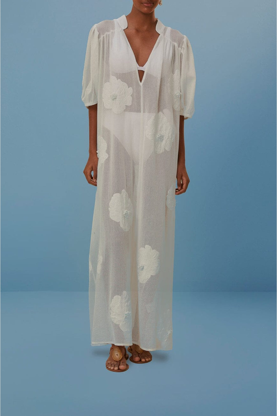 Robe de plage ajourée et fleurie en coton - Blanc