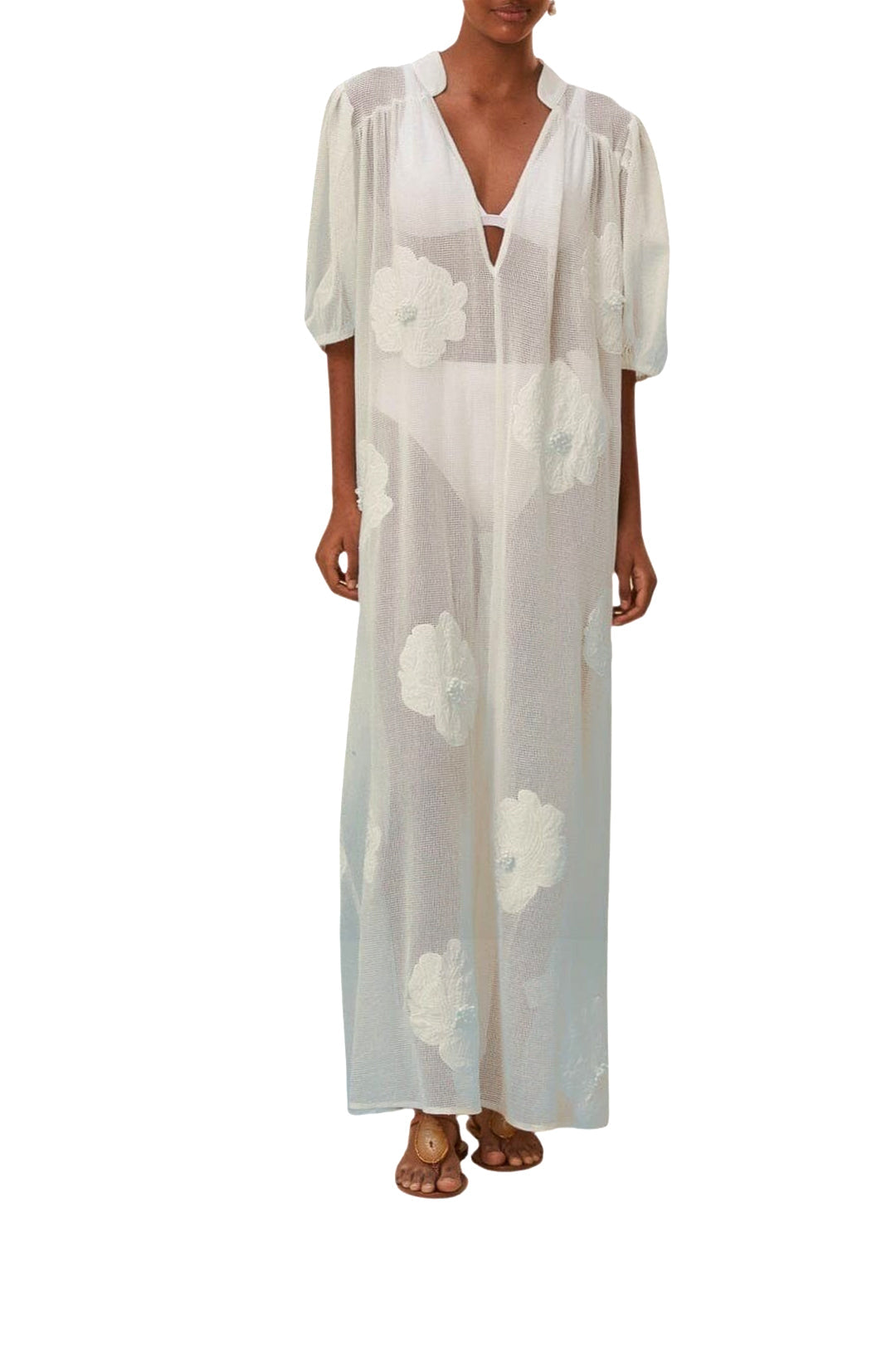 Robe de plage ajourée et fleurie en coton - Blanc
