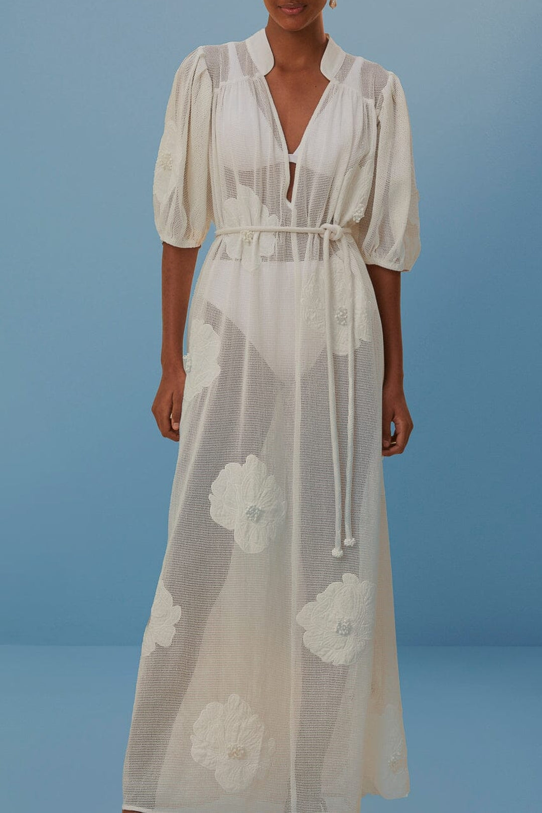 Robe de plage ajourée et fleurie en coton - Blanc