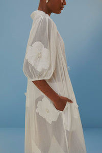 Robe de plage ajourée et fleurie en coton - Blanc