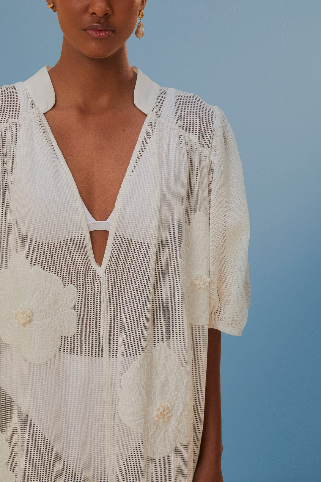 Robe de plage ajourée et fleurie en coton - Blanc