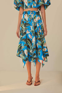 Jupe midi asymétrique Jardin anthurium en coton - Bleu