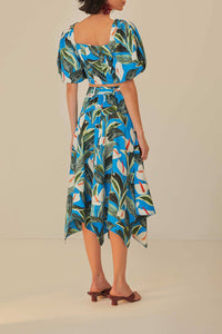 Jupe midi asymétrique Jardin anthurium en coton - Bleu