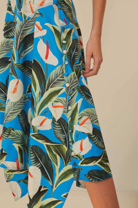Jupe midi asymétrique Jardin anthurium en coton - Bleu