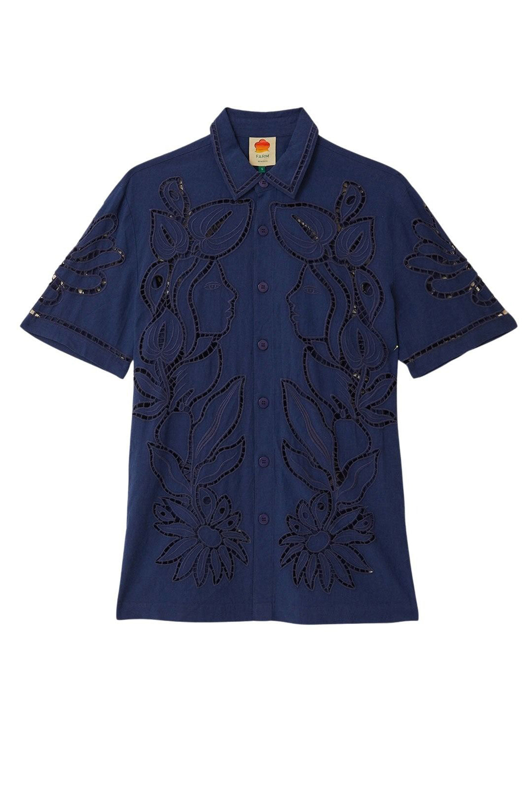 Chemise brodée Richelieu surréaliste en lin - Bleu