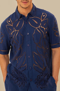 Chemise brodée Richelieu surréaliste en lin - Bleu