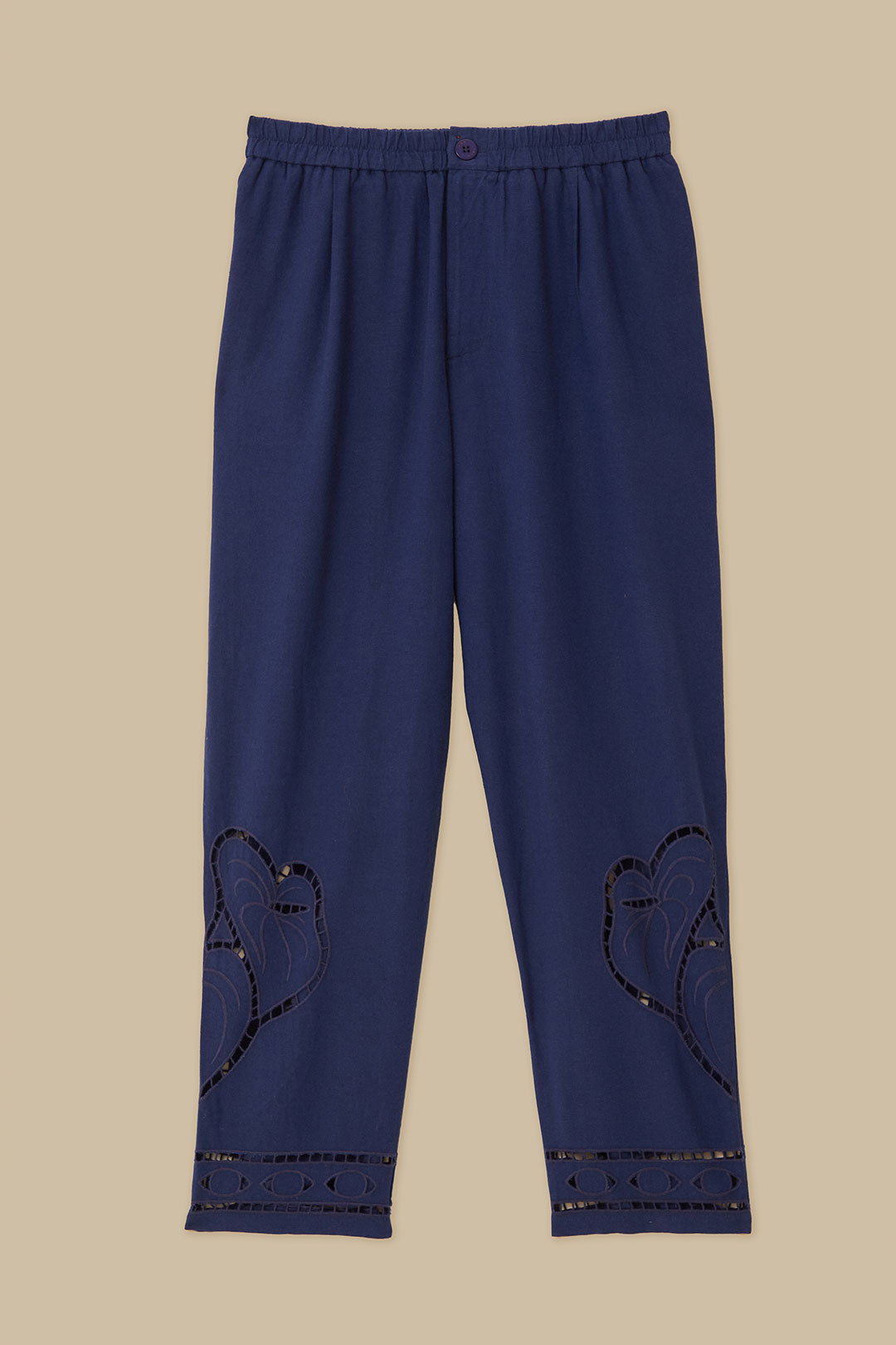Pantalon brodé Richelieu surréaliste en lin - Bleu