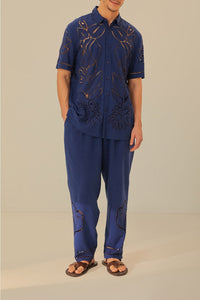 Pantalon brodé Richelieu surréaliste en lin - Bleu