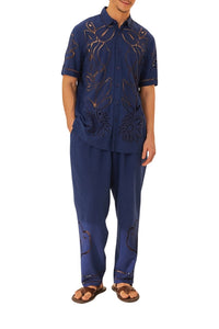Pantalon brodé Richelieu surréaliste en lin - Bleu