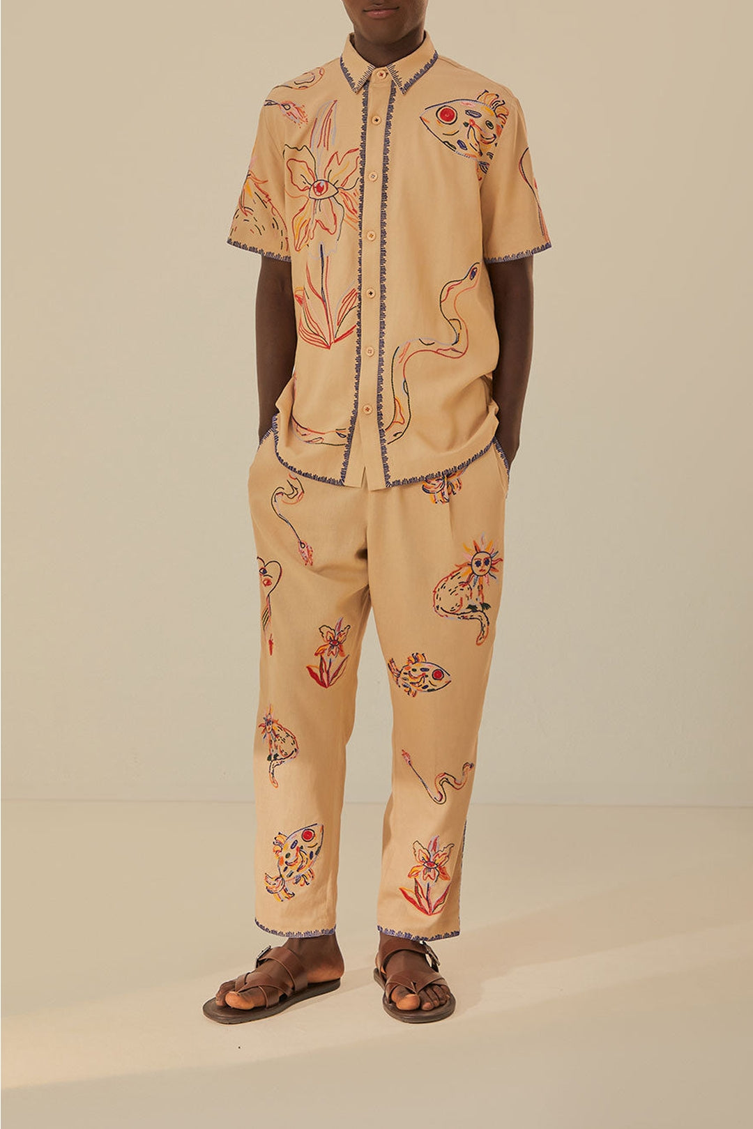 Pantalon brodé en lin - Beige