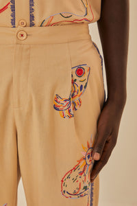 Pantalon brodé en lin - Beige