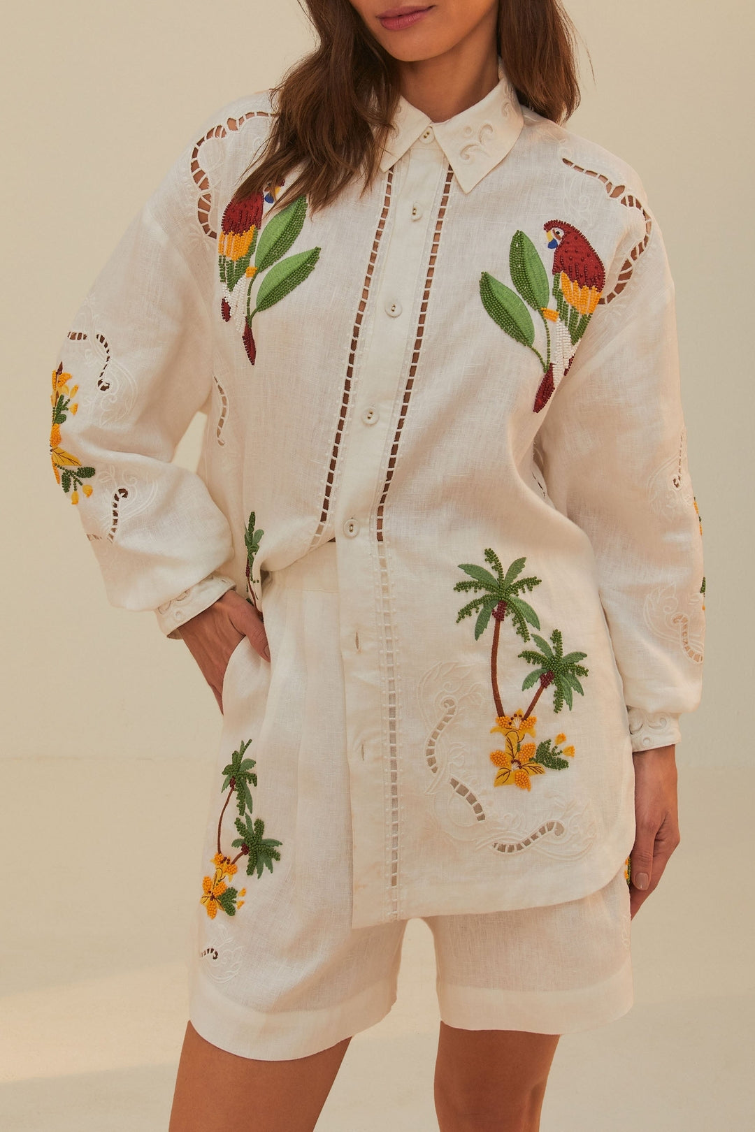 Short Tropical Destination brodé en lin - Blanc