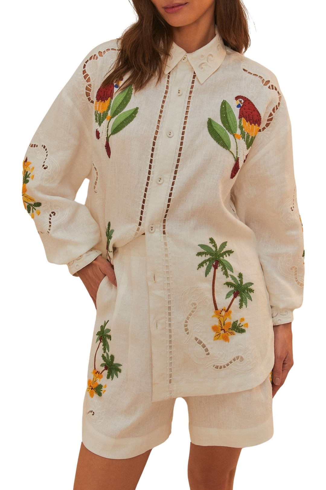 Short Tropical Destination brodé en lin - Blanc