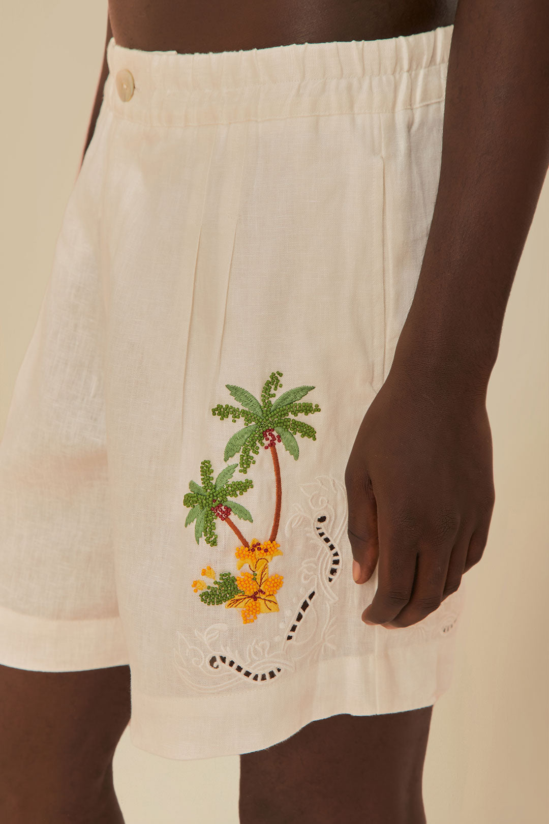Short Tropical Destination brodé en lin - Blanc