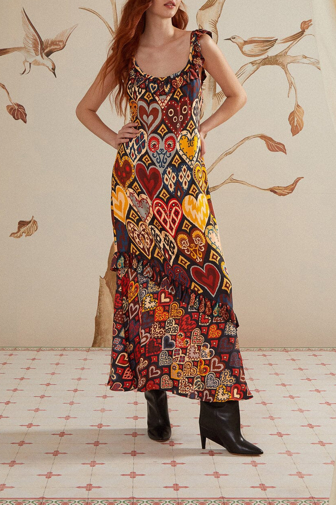 Robe longue à motifs de cœurs - Marron