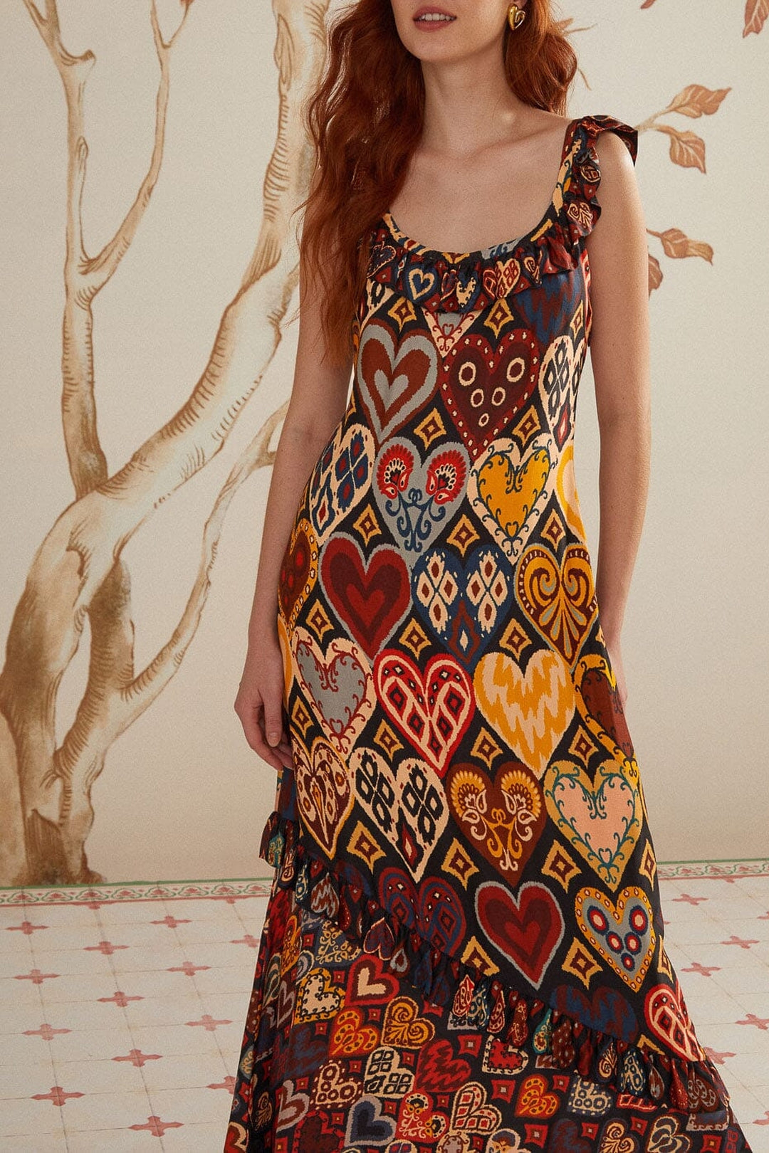 Robe longue à motifs de cœurs - Marron