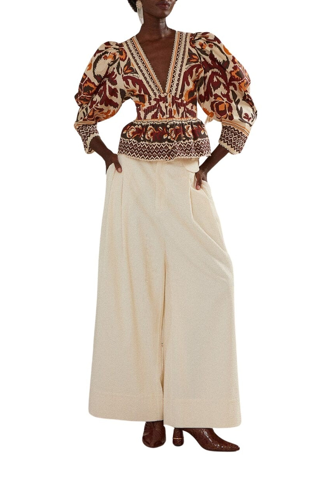 Blouse Toucans à manches bouffantes en coton - Beige