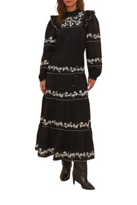 Robe longue brodée à manches longues en coton - Noir