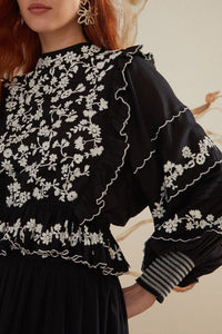 Blouse à manches longues et volants brodés en coton - Noir