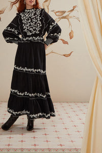 Blouse à manches longues et volants brodés en coton - Noir