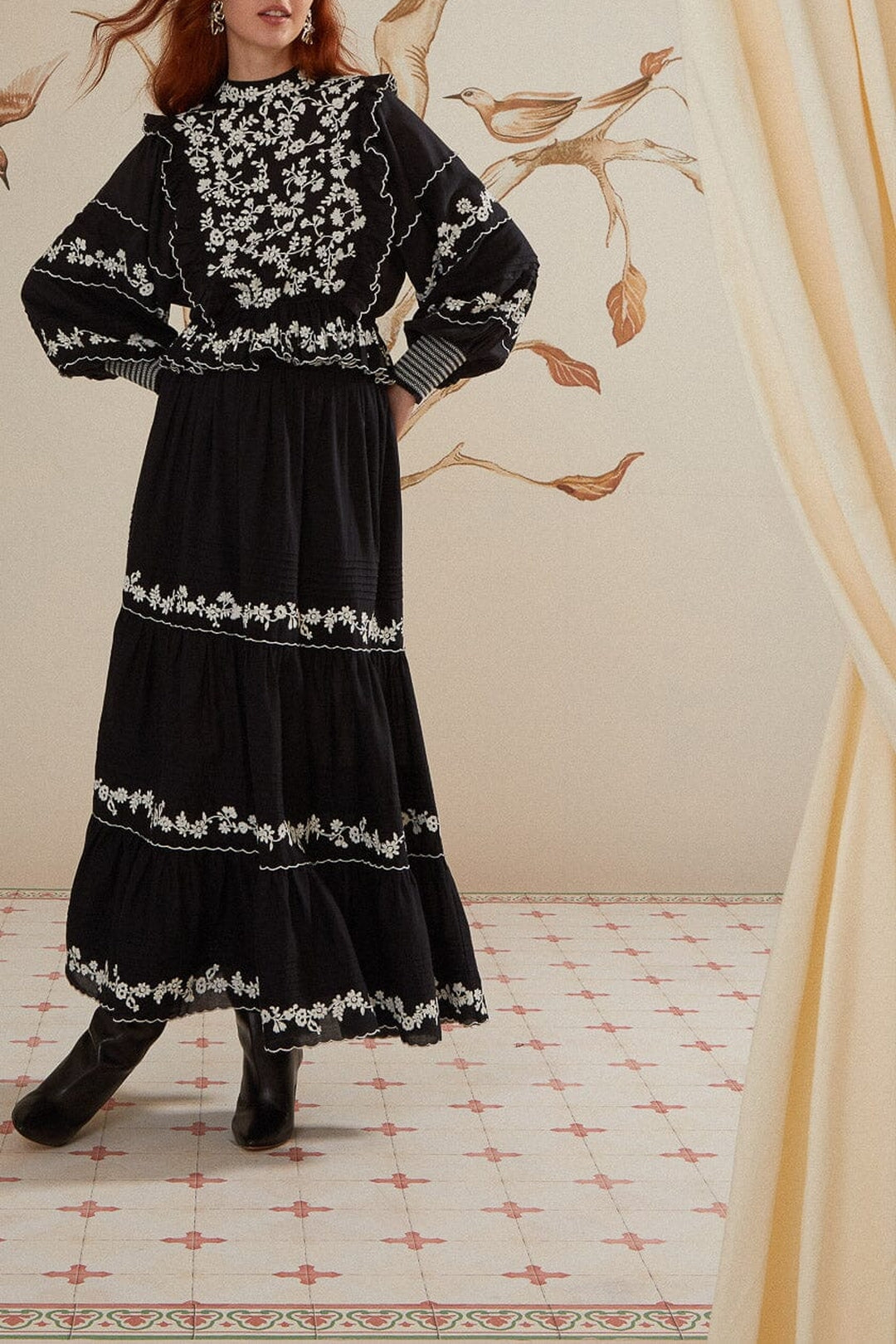 Blouse à manches longues et volants brodés en coton - Noir