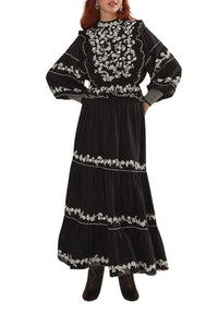 Blouse à manches longues et volants brodés en coton - Noir